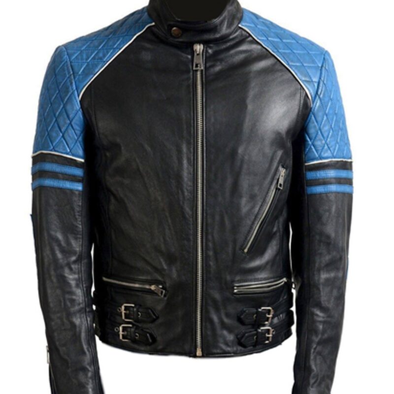 Men’s Biker Designer Stylish Black and Blue Quilted Leather Jacket