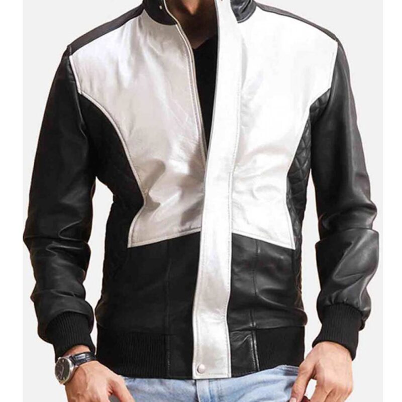 Men’s Spade Silver Bomber Black and White Leather Jacket
