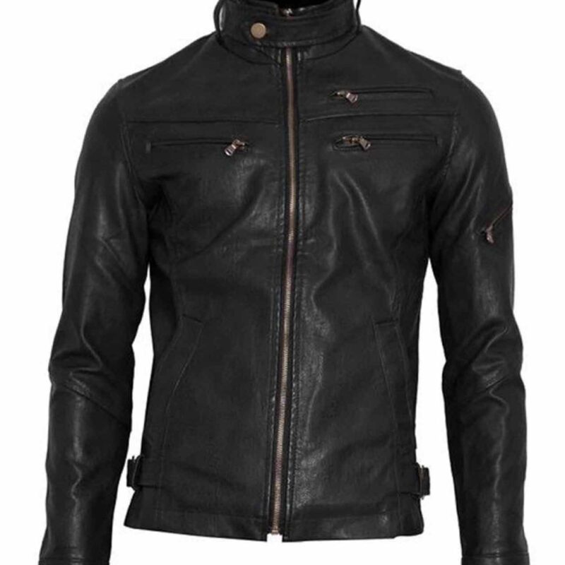 Men’s Snap Tab Collar Black Faux Leather Biker Jacket