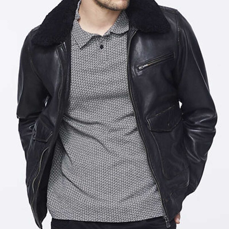 Men’s Bomber Black Leather Jacket with Sherpa Collar
