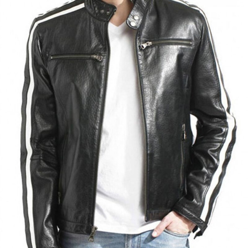 Men’s Biker Black Leather Jacket with White Stripes