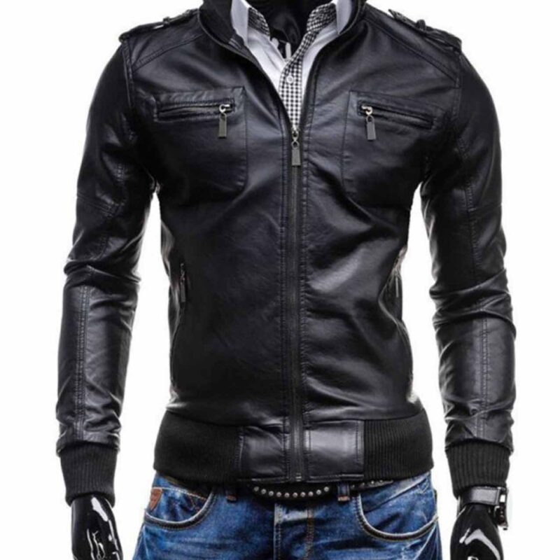 Men’s Casual Zipper Pockets Black Faux Leather Bomber Jacket