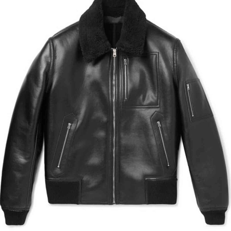 Men’s MA 1 Black Leather Bomber Jacket with Fur Collar