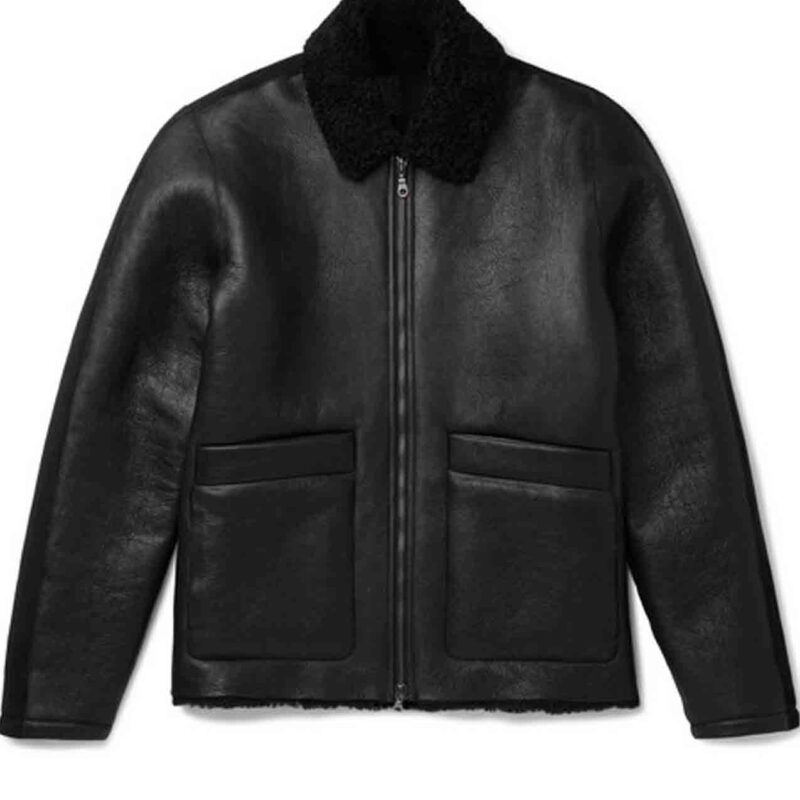 Men’s Large Pocket Design Shearling Black Leather Jacket with Fur Collar