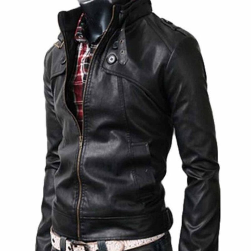 Men’s Slim Fit Buckle Collar Black Leather Jacket