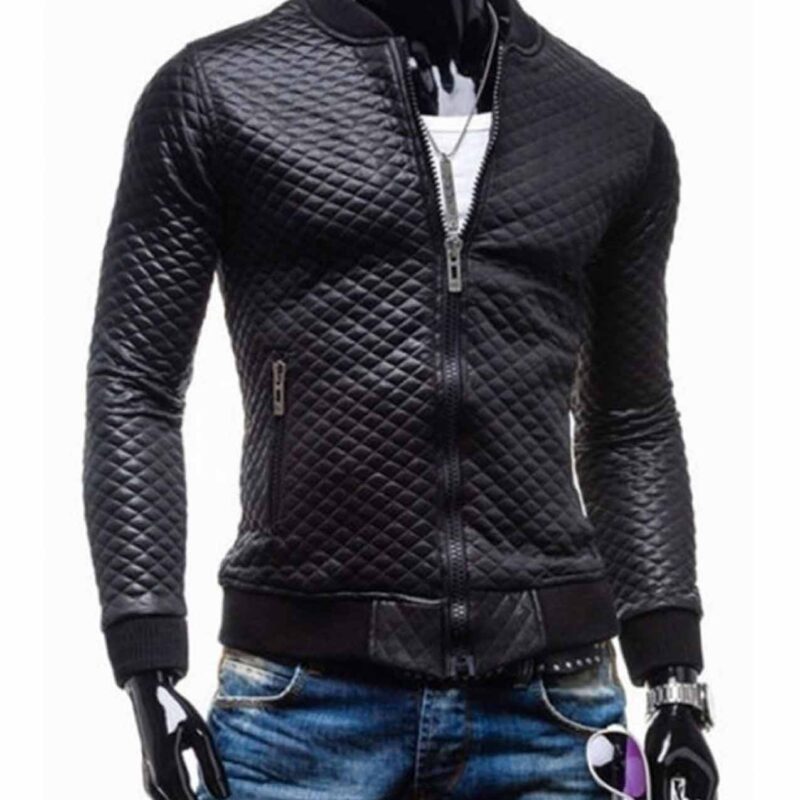 Men’s Bomber Slim Fit Diamond Quilted Black Leather Jacket
