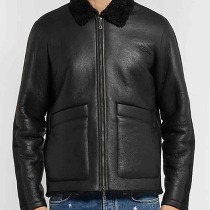 Men’s Large Pocket Design Shearling Black Leather Jacket with Fur Collar
