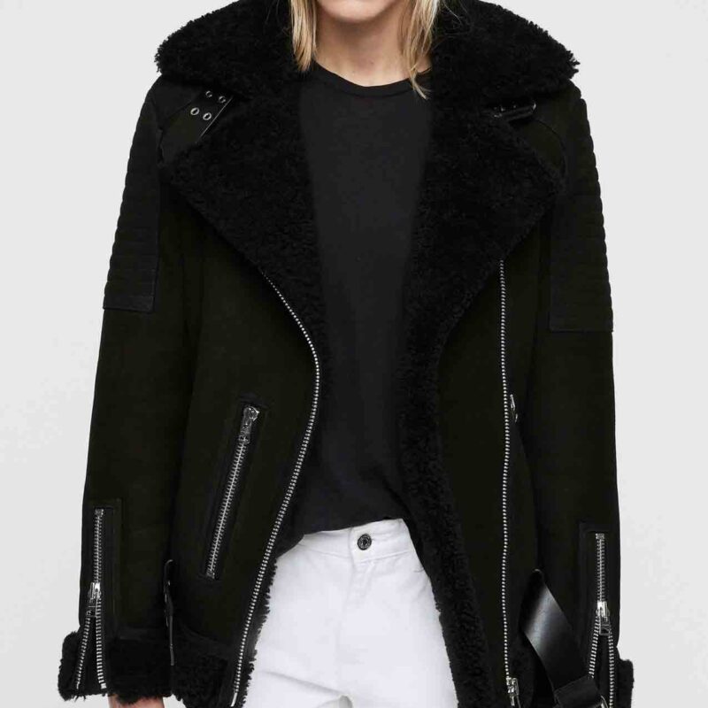 Women’s Biker Black Suede Shearling Jacket with Fur Collar