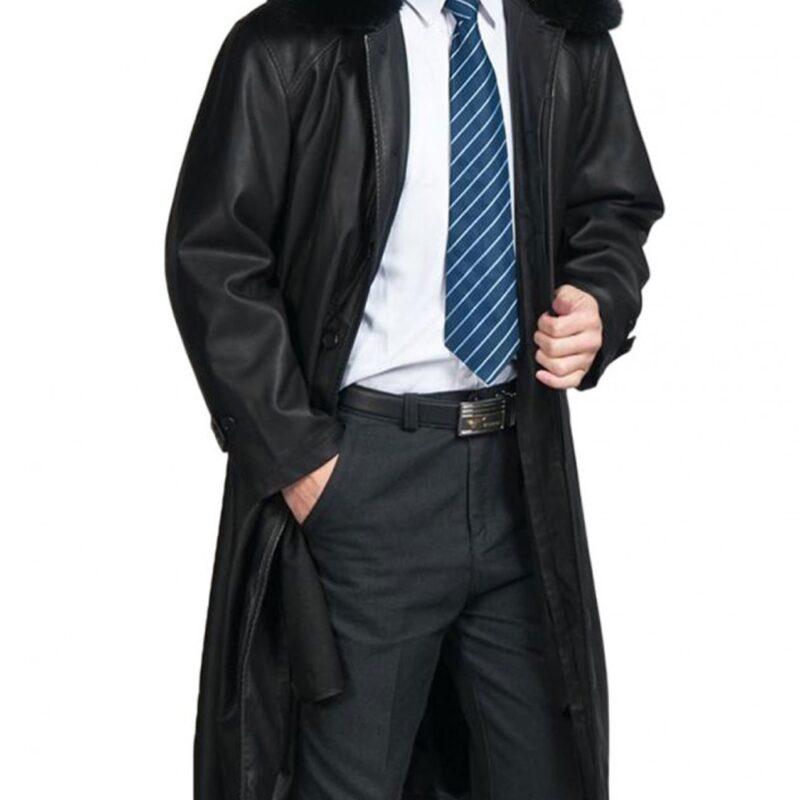 Belted Style Black Leather Trench Coat for Men