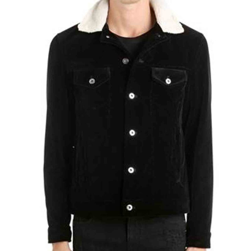 Men’s Shirt Style Black Velvet Jacket with Fur Collar