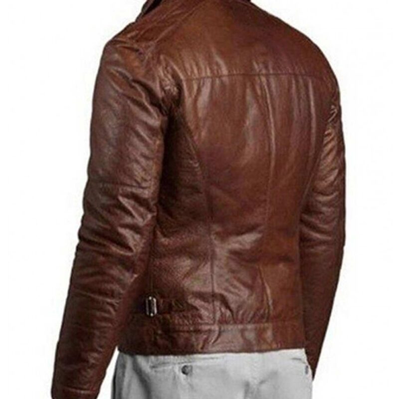Men’s Slim Fit Shirt Collar Motorcycle Brown Genuine Leather Jacket