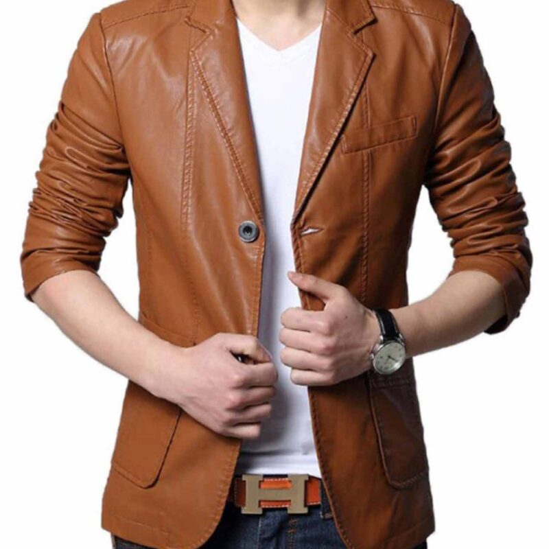 Men’s Slim Fit Casual Brown Leather Blazer