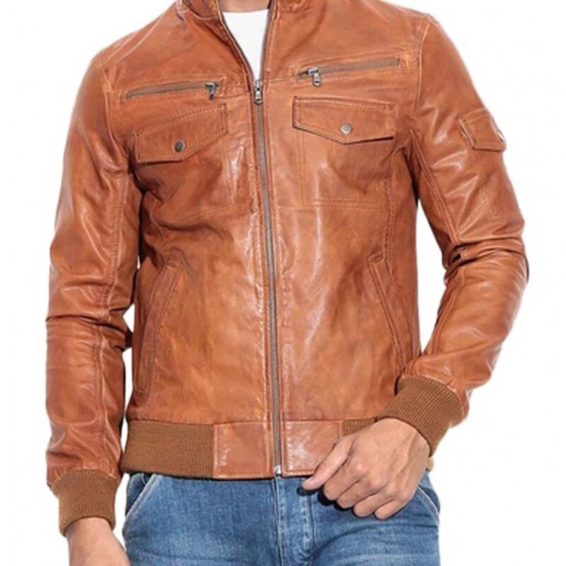 Men’s Multi Pockets Style Bomber Tan Brown Leather Jacket