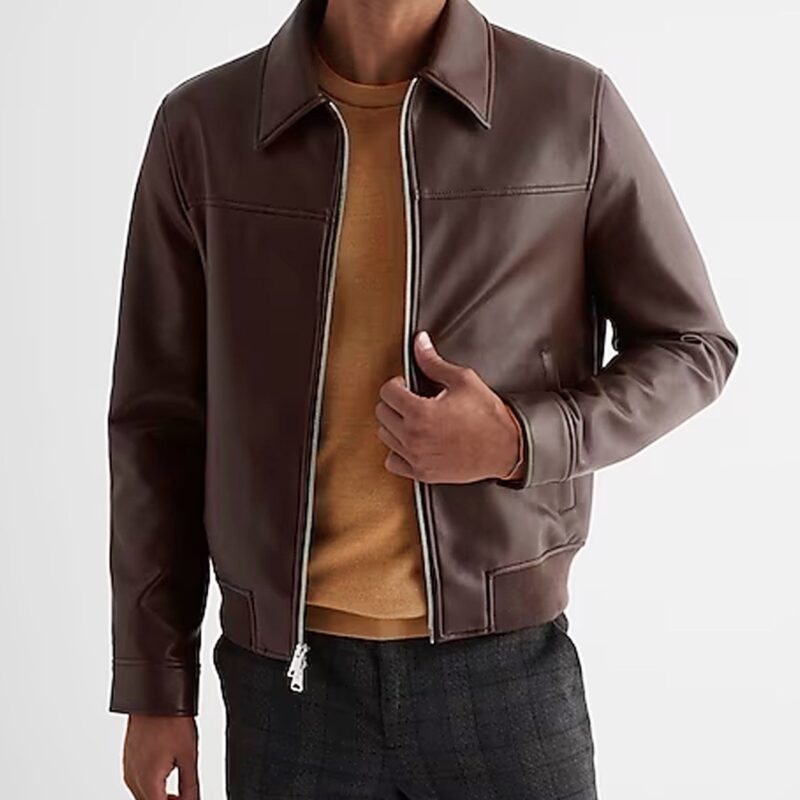 Men’s Brown Shirt Collar Faux Leather Jacket