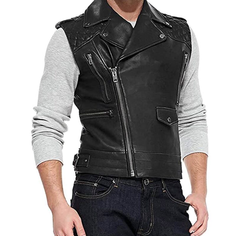 Men’s Cafe Racer Asymmetrical Black Leather Vest