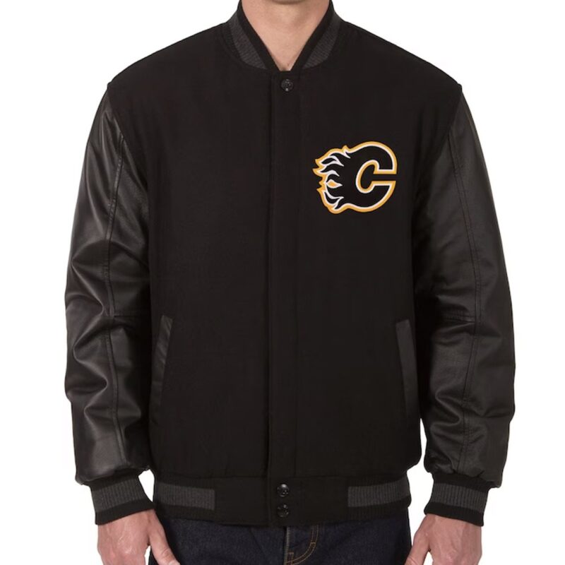 Calgary Flames Varsity Black Wool & Leather Jacket