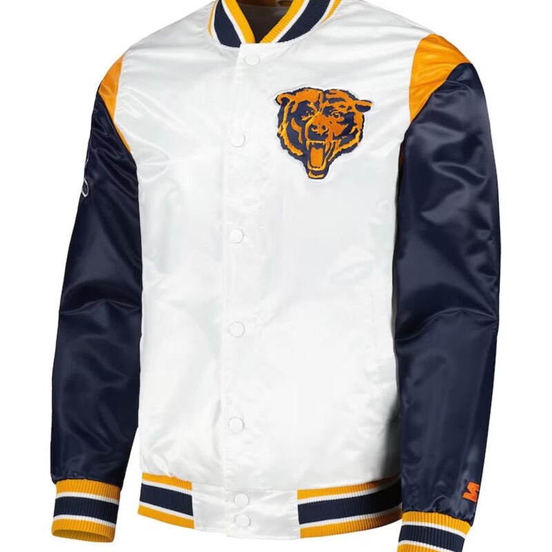 Throwback Warm Up Pitch Chicago Bears White/Navy Varsity Satin Jacket