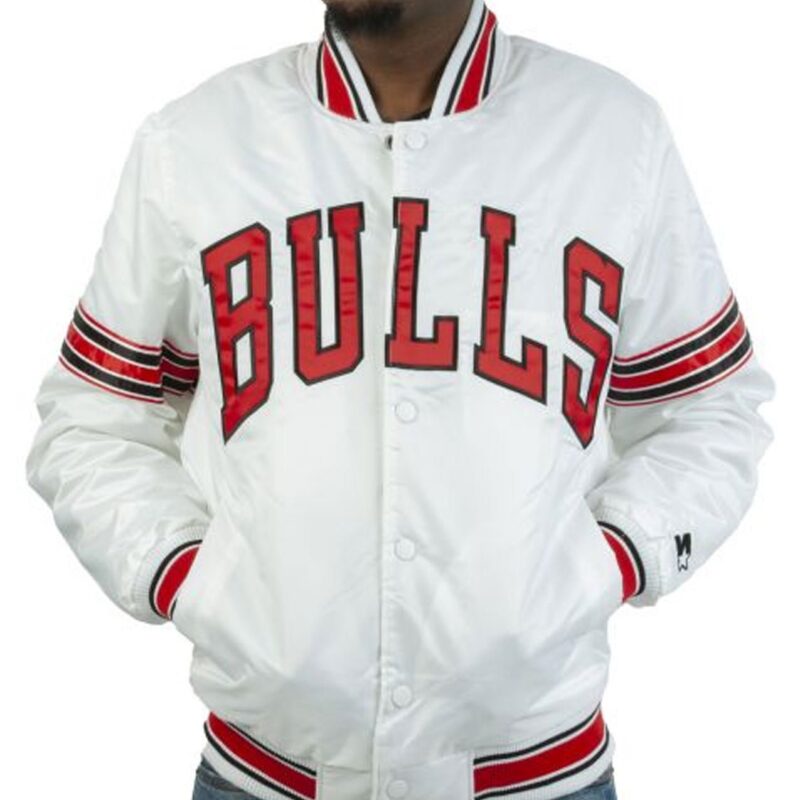 Striped Chicago Bulls White Satin Jacket