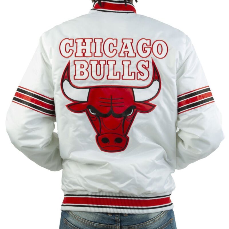 Striped Chicago Bulls White Satin Jacket