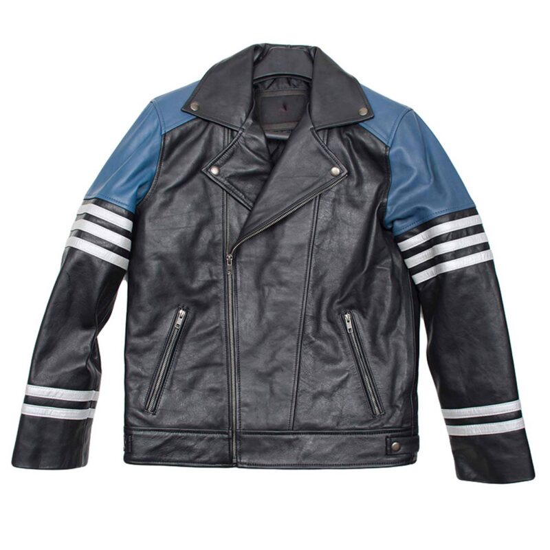 Men’s Classic Black and Blue Striped Biker Leather Jacket
