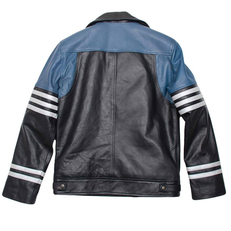 Men’s Classic Black and Blue Striped Biker Leather Jacket
