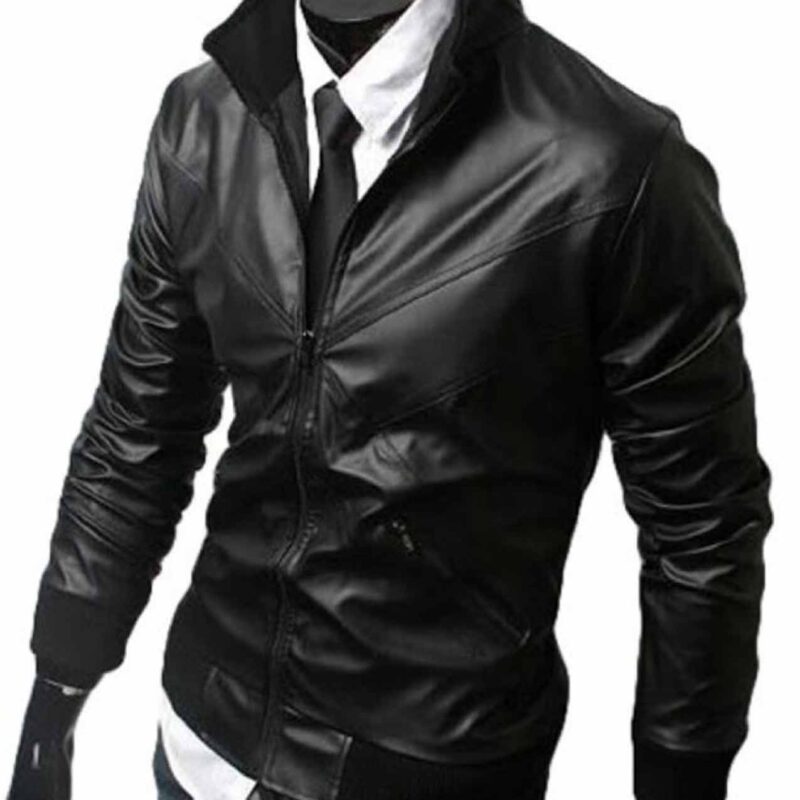 Men’s Slim Fit Cross Front Bomber Black Leather Jacket