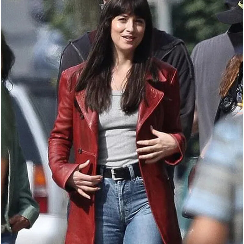 Dakota Johnson Madame Web Leather Peacoat