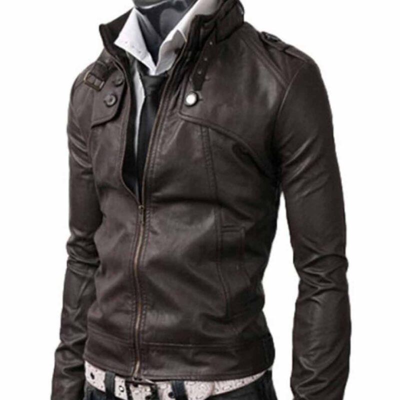 Men’s Belted Buckle Collar Slim Fit Dark Brown Leather Jacket