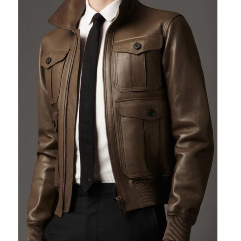 Men’s Slim Fit Flap Pockets Design Dark Brown Leather Bomber Jacket