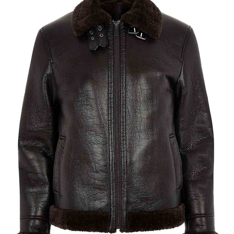 Men’s Belted Collar Bomber Dark Brown Leather Aviator Jacket