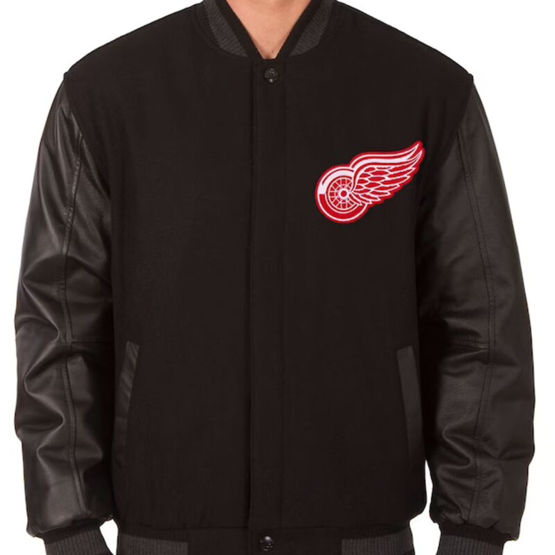 Detroit Red Wings Two Hit Wool & Leather Black Varsity Jacket