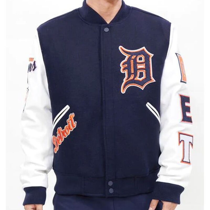 Detroit Tigers White and Navy Blue Letterman Jacket