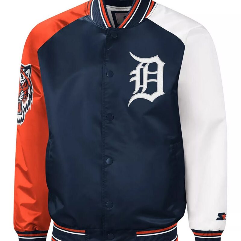 Detroit Tigers Reliever Blue/Orange Satin Raglan Full-Snap Jacket