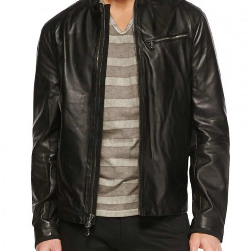 Men’s Casual Simple Look Diagonal Zip Black Leather Jacket