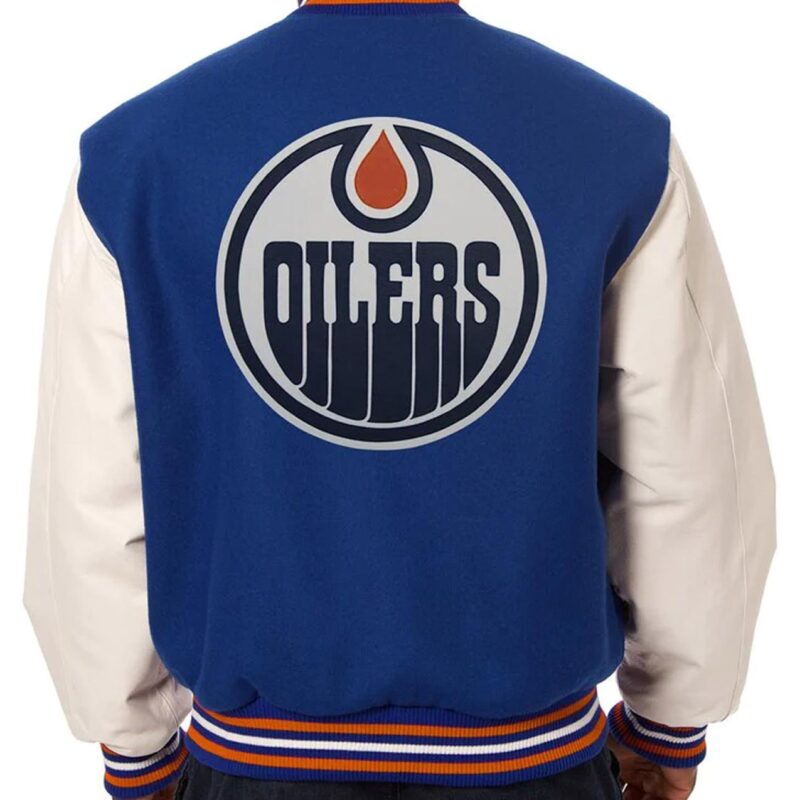Edmonton Oilers Royal Blue and White Two-Tone Varsity Jacket