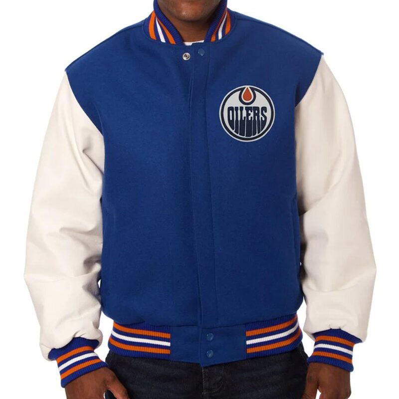 Edmonton Oilers Royal Blue and White Two-Tone Varsity Jacket