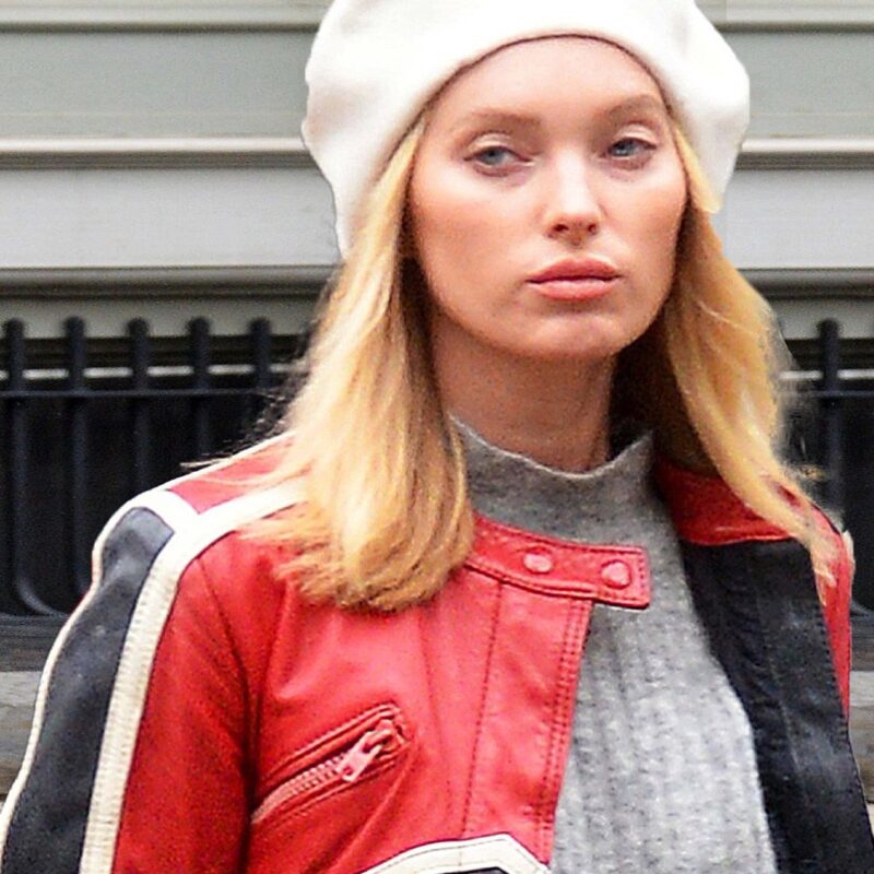 Elsa Hosk Red and Black Biker Leather Jacket