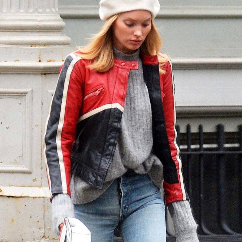 Elsa Hosk Red and Black Biker Leather Jacket