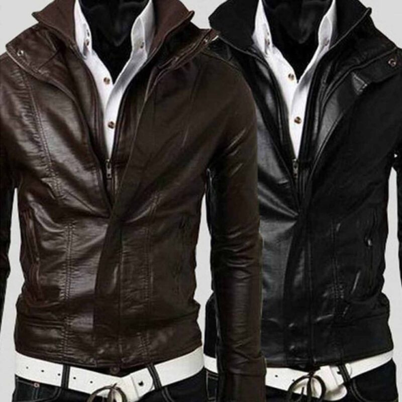 Men’s High Neck Slim Fit Faux Leather Jacket