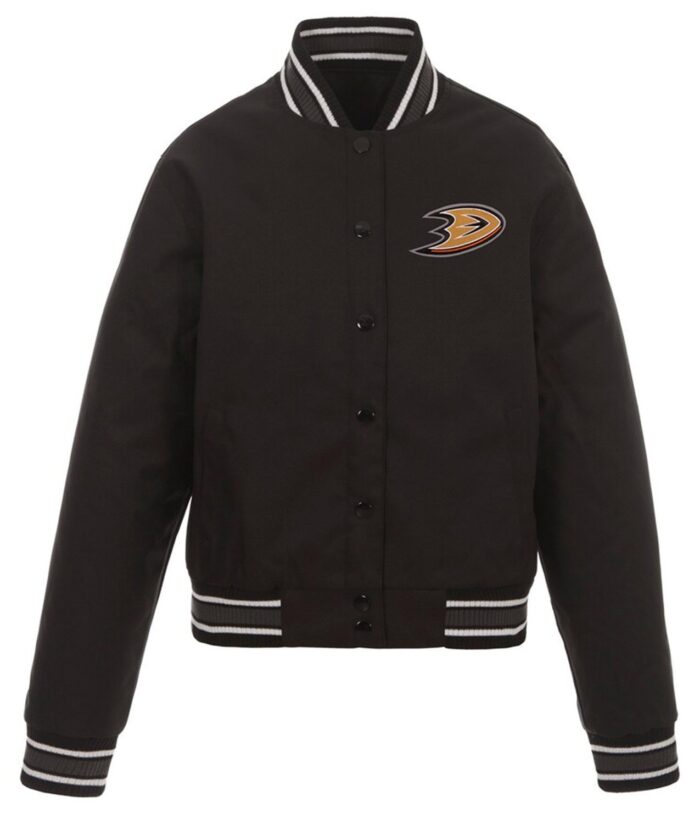 Anaheim Ducks Front Hit Poly Twill Black Jacket - Stylish outerwear for ultimate comfort from Jacketify.