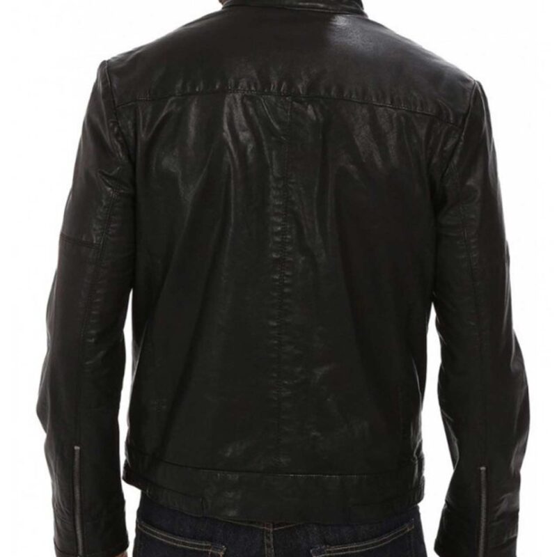 Men’s Simple Casual Front Zipper Closure Snap Tab Collar Black Leather Jacket