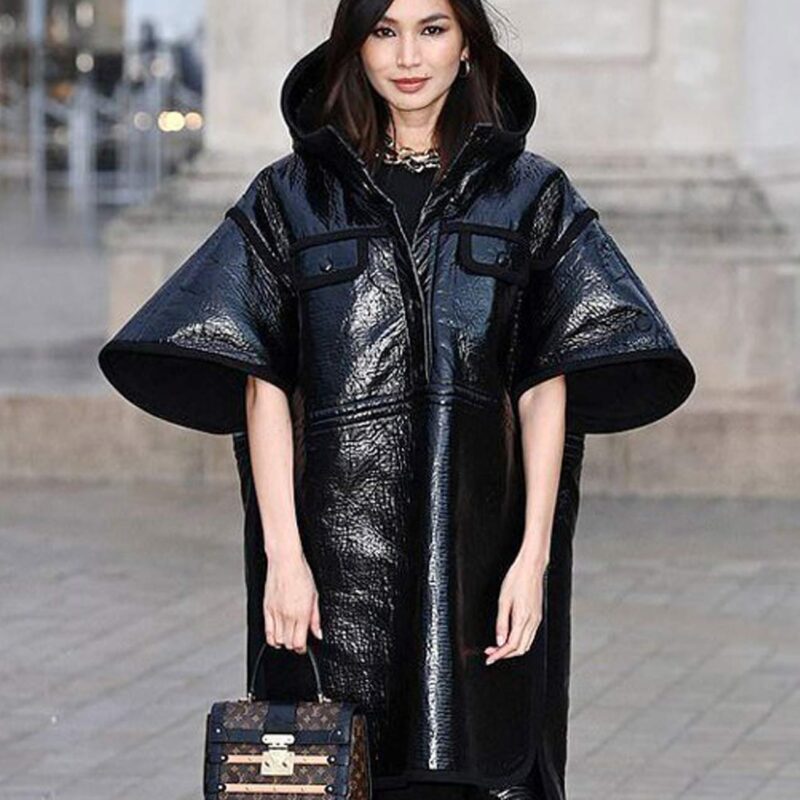 Gemma Chan Fashion Show Leather Hooded Coat