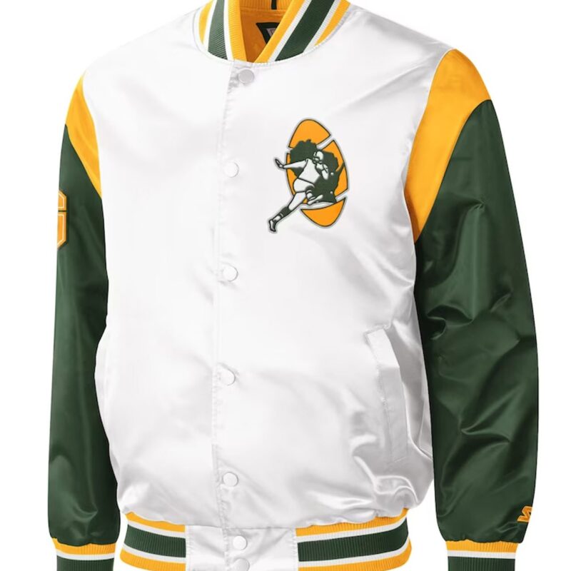 Throwback Warm Up Pitch Green Bay Packers Varsity Satin Jacket