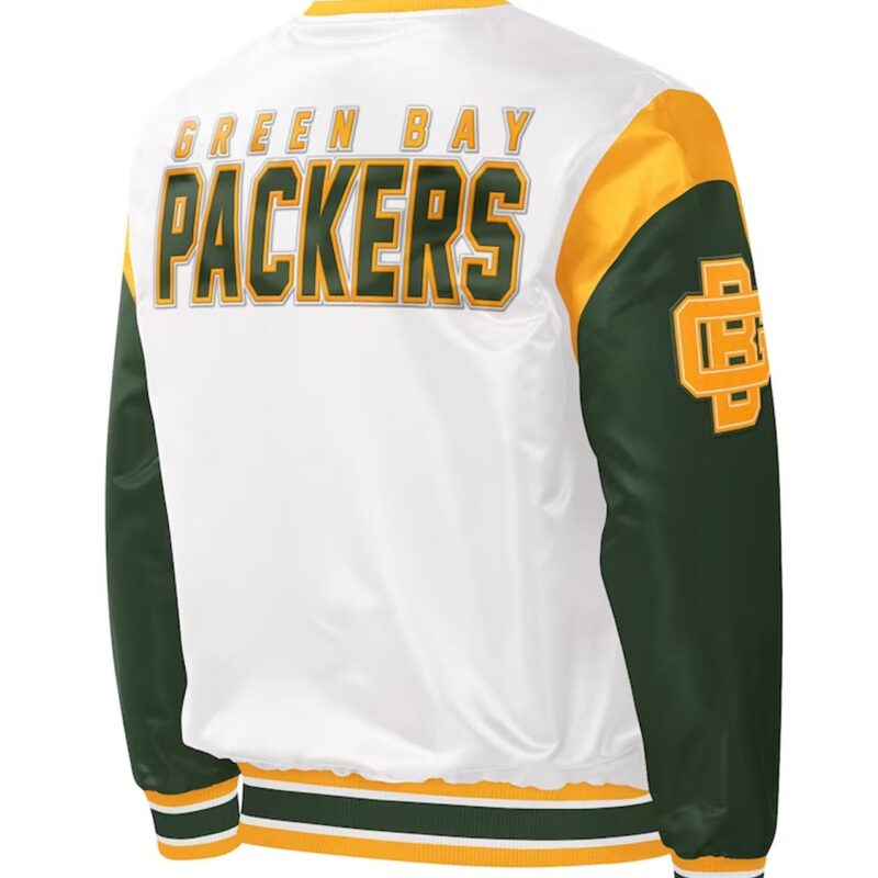 Green Bay Packers Throwback Warm Up Pitch White Varsity Satin Jacket