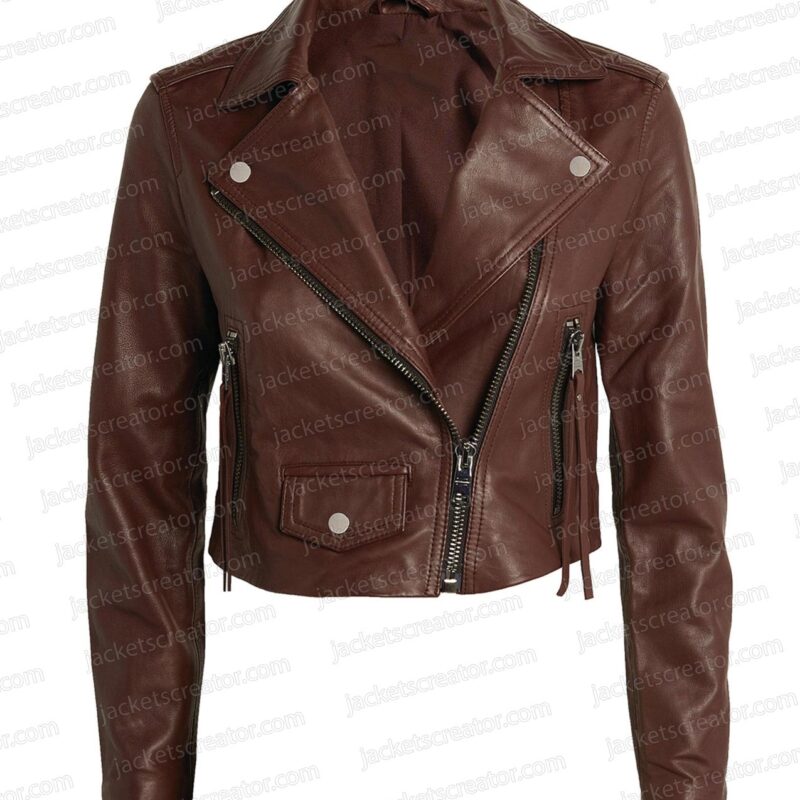 Legacies S04 Danielle Rose Russell Cropped Brown Leather Jacket