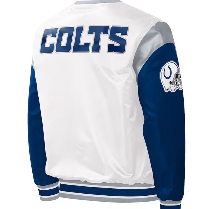 Indianapolis Colts Throwback Warm Up Pitch White Varsity Satin Jacket