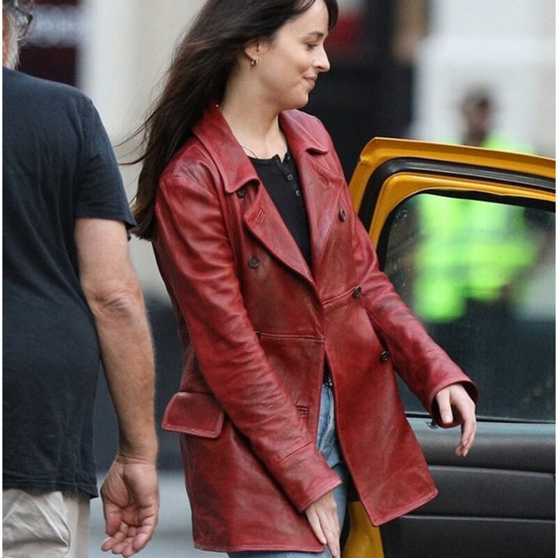 Dakota Johnson Madame Web Leather Peacoat