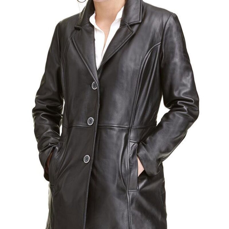 Women’s Car 3 Button Black Leather Coat