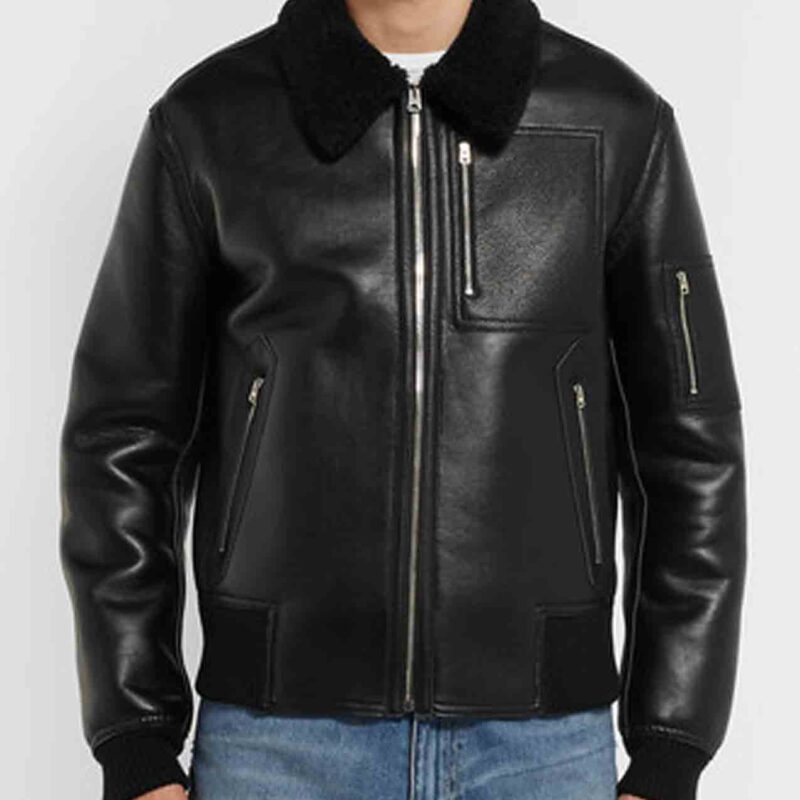 Men’s MA 1 Black Leather Bomber Jacket with Fur Collar