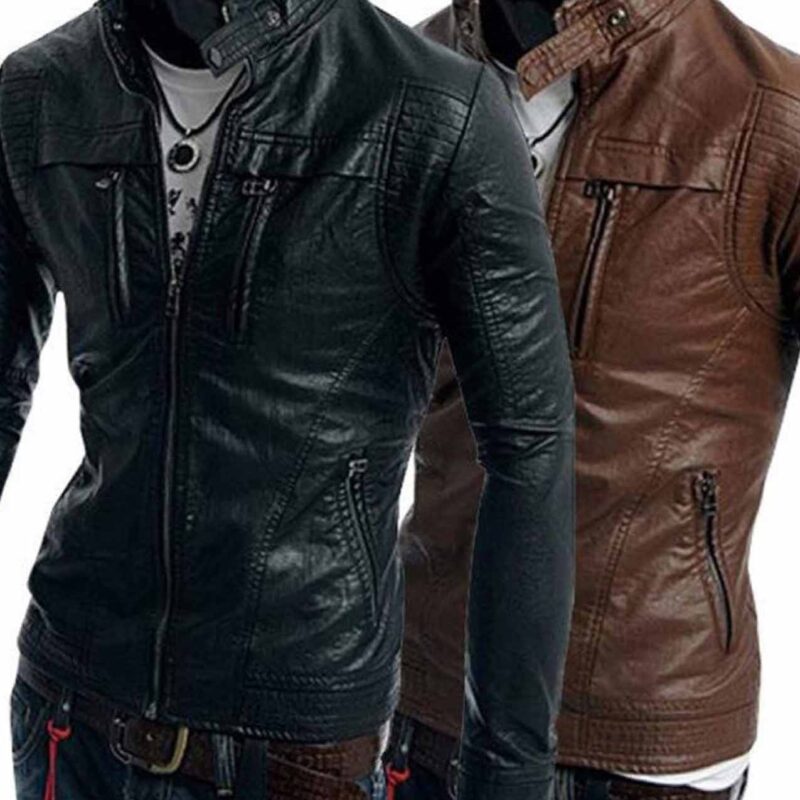 Men’s Mandarin Collar Slim Fit Brown/Black Leather Jacket